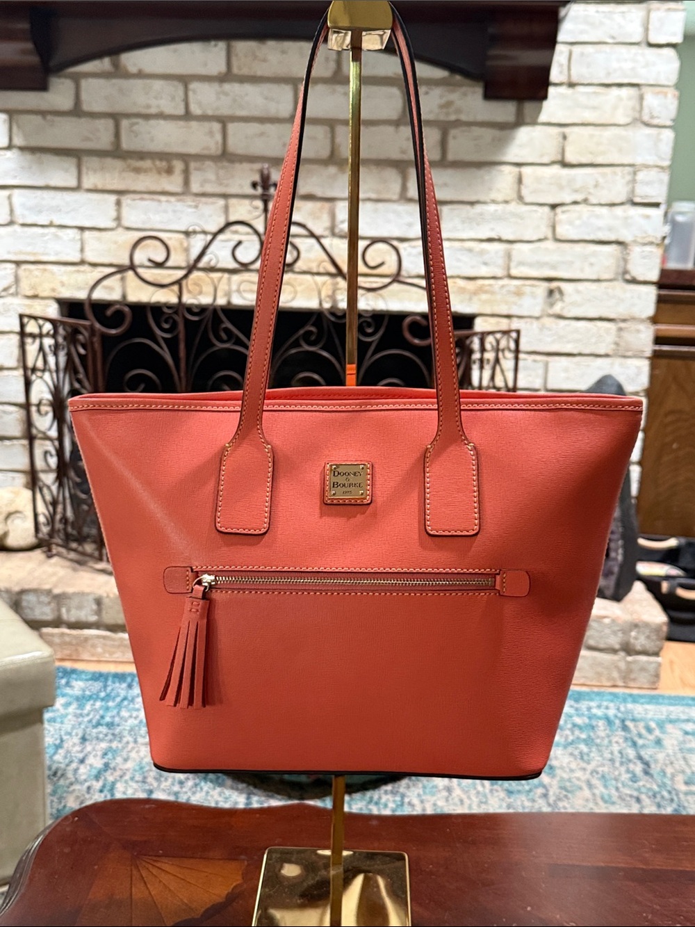 Dooney & Bourke Coral-Orange Leather Tote with Tassel Zip